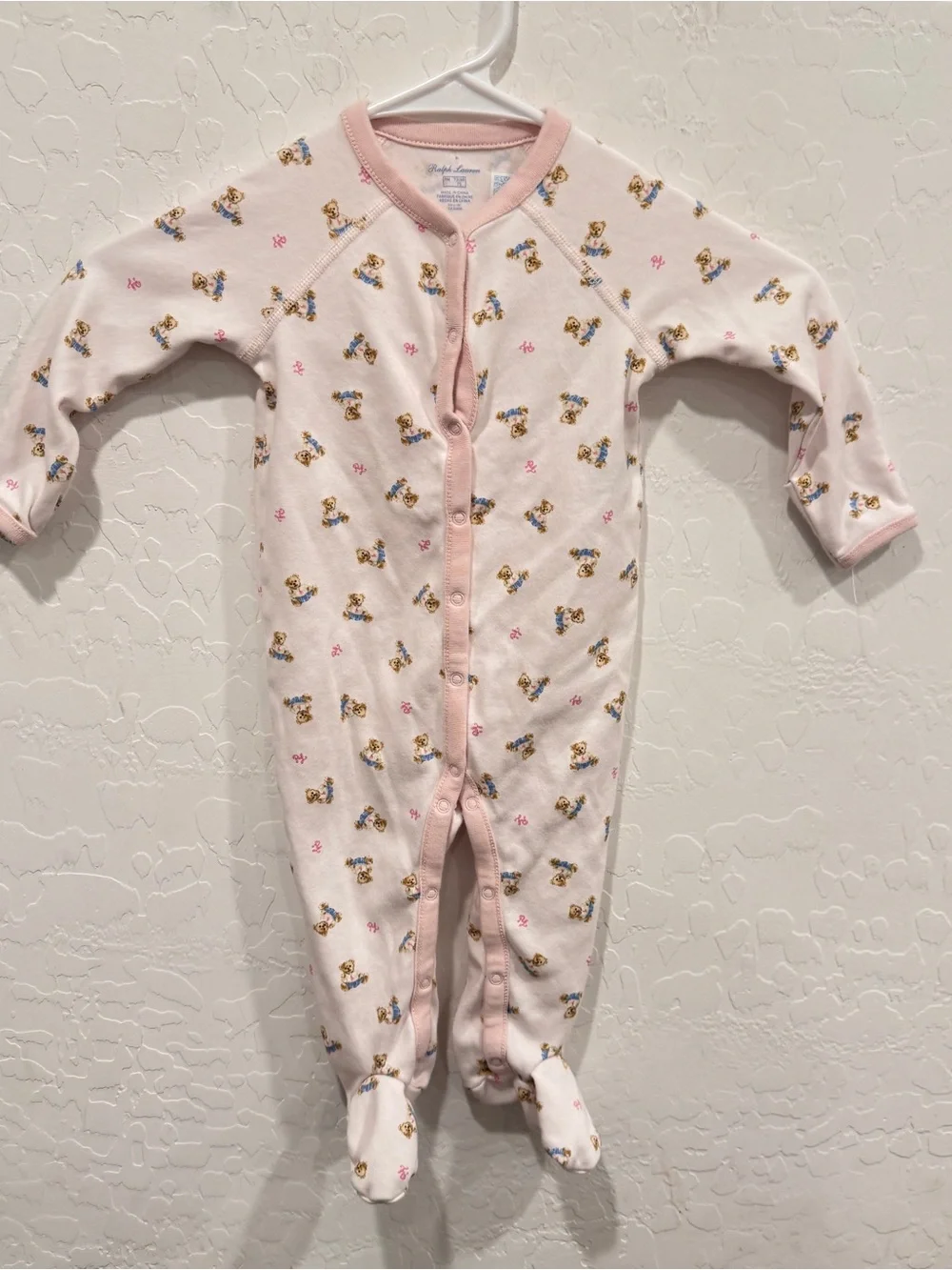 Ralph Lauren Pink Teddy-Print Footed One-Piece Baby Girl 9M
